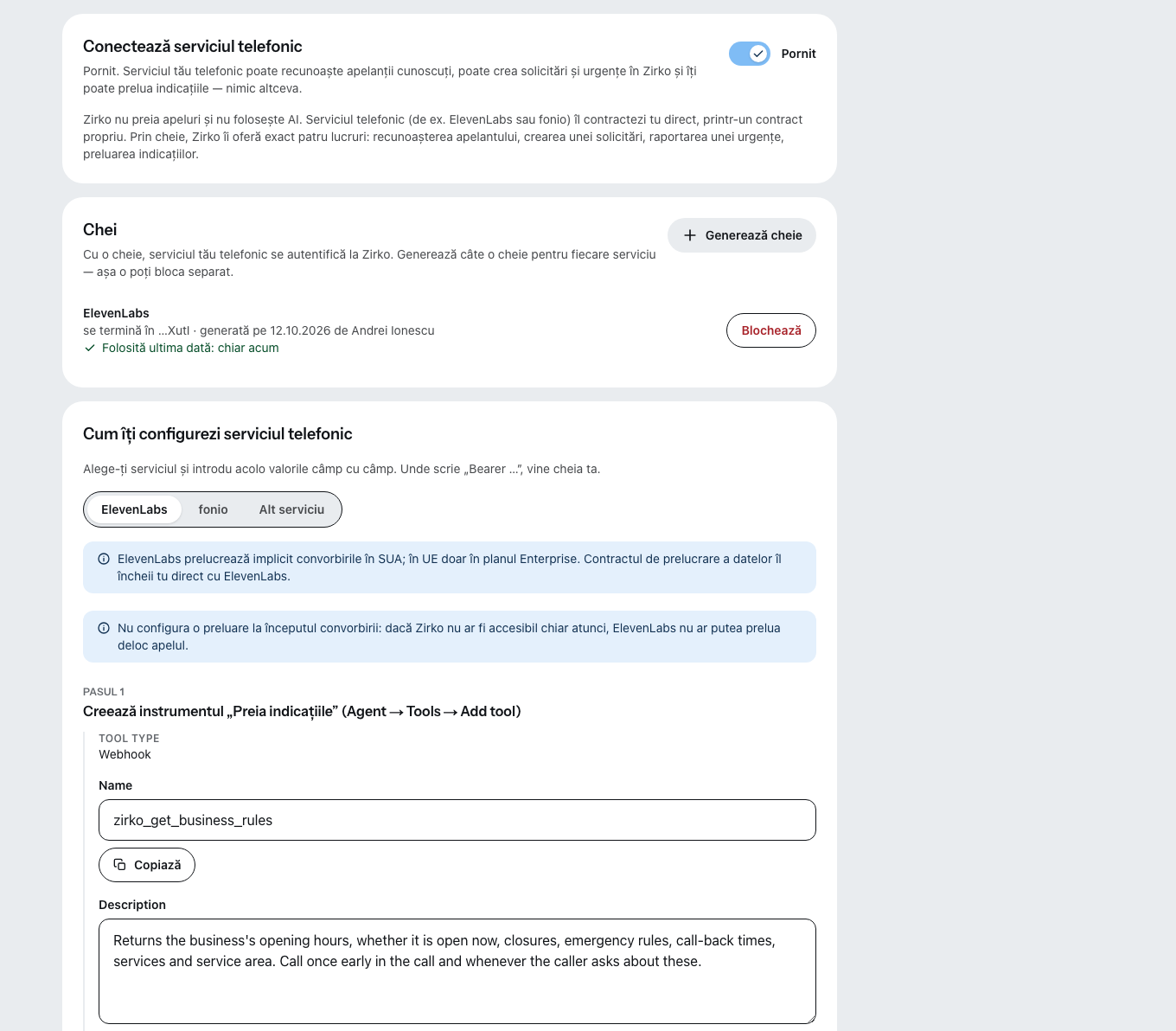 Setarea „Serviciu telefonic AI“: serviciul telefonic e conectat, din cheie se văd doar ultimele caractere, dedesubt „Cum îți configurezi serviciul telefonic“ cu câmpurile pentru ElevenLabs, de copiat.