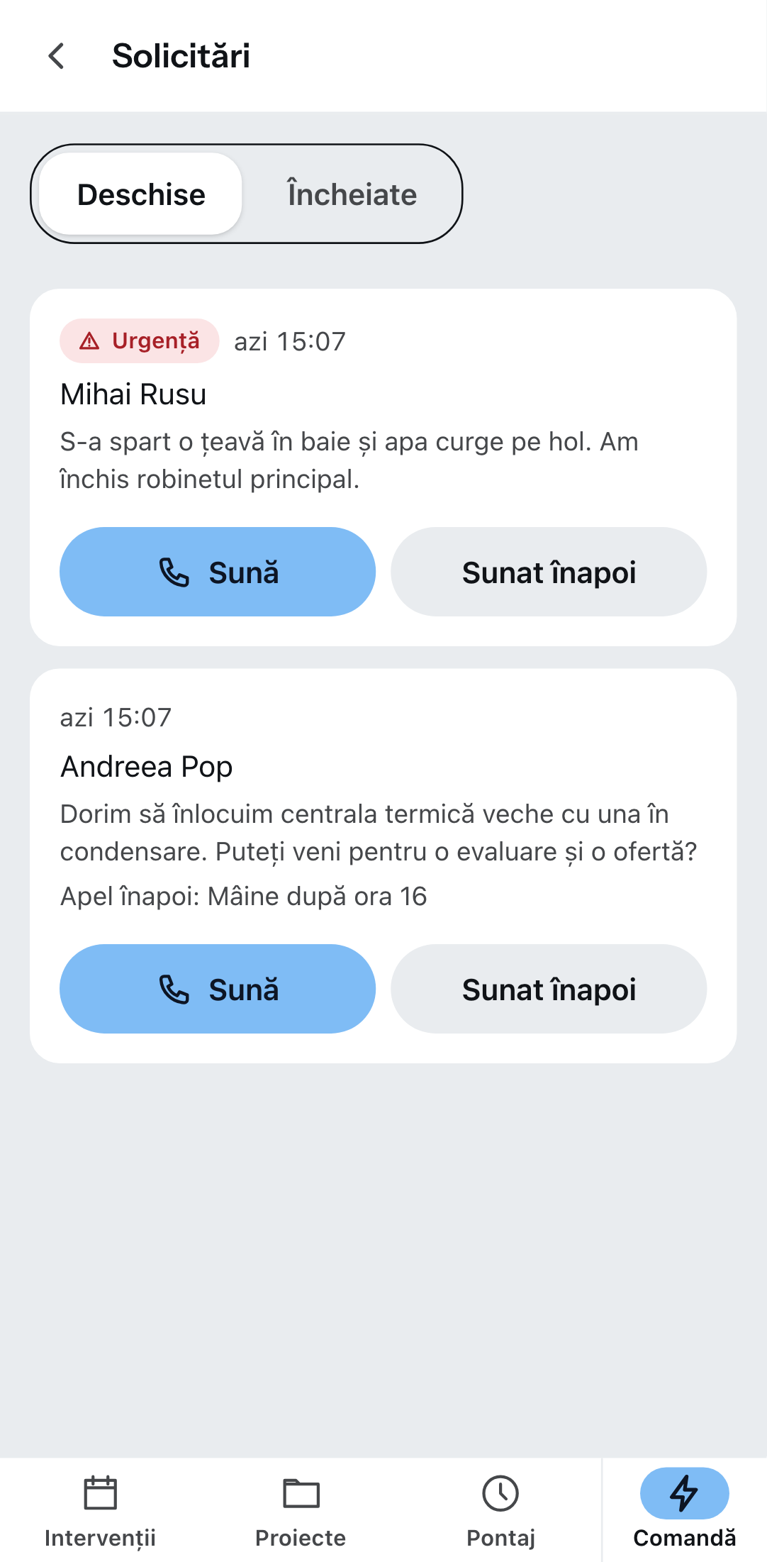 „Solicitări“ în aplicația Zirko: întâi urgența, dedesubt o solicitare cu cerere de apel înapoi.