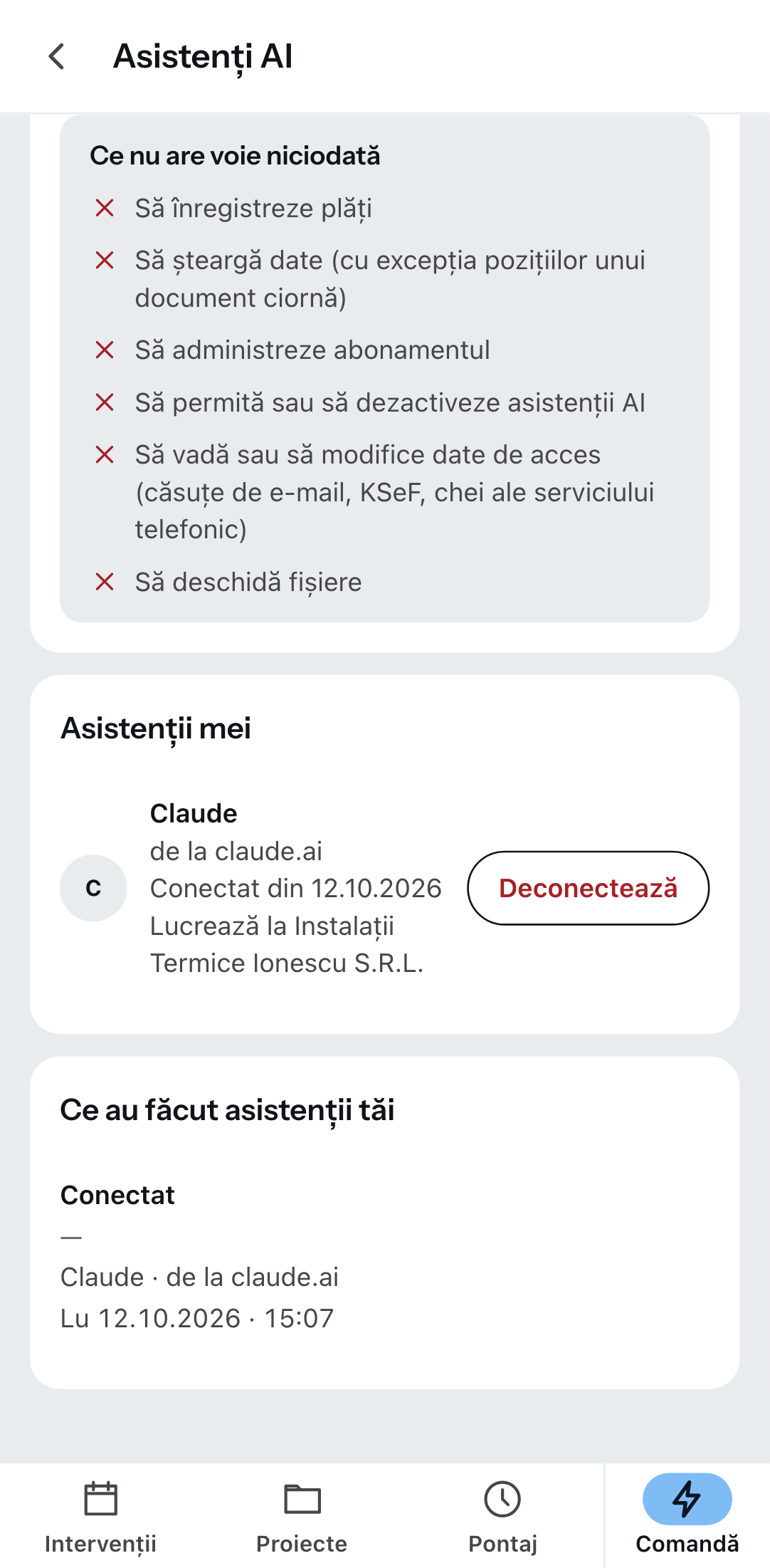 „Asistenți AI“ în aplicația Zirko: un asistent conectat și butonul cu care îl deconectezi.