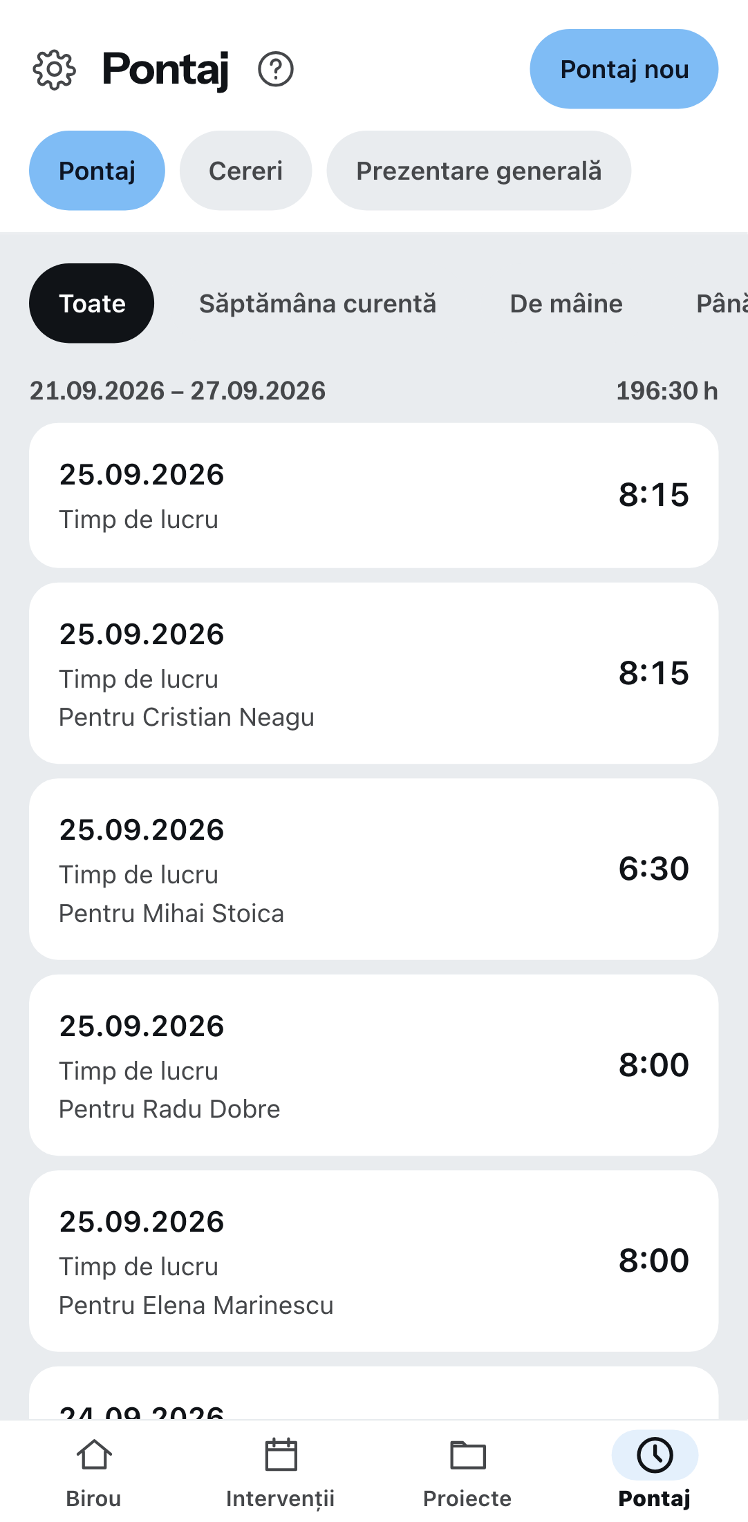 Lista orelor pe telefon: sus filele ore, cereri și privire de ansamblu, dedesubt pe fiecare rând data, tipul de oră și durata înregistrată.