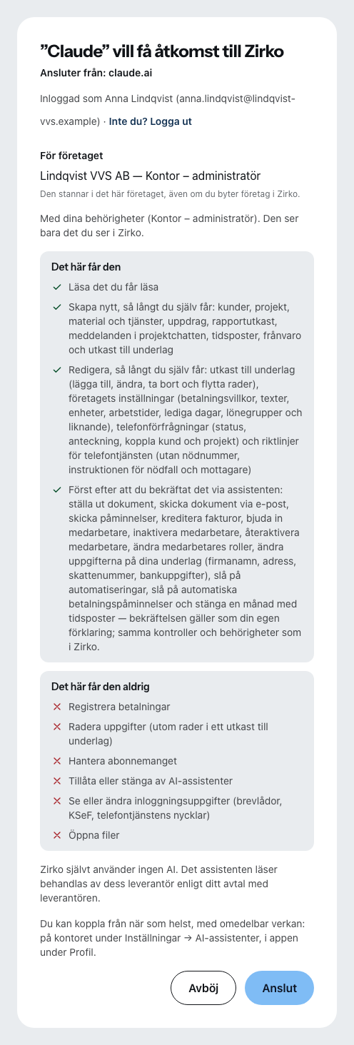 Zirkos samtyckessida när Claude vill ansluta: vem som frågar och varifrån, vem som är inloggad, för vilket företag och med vilka behörigheter, under det vad en assistent får göra och vad aldrig.