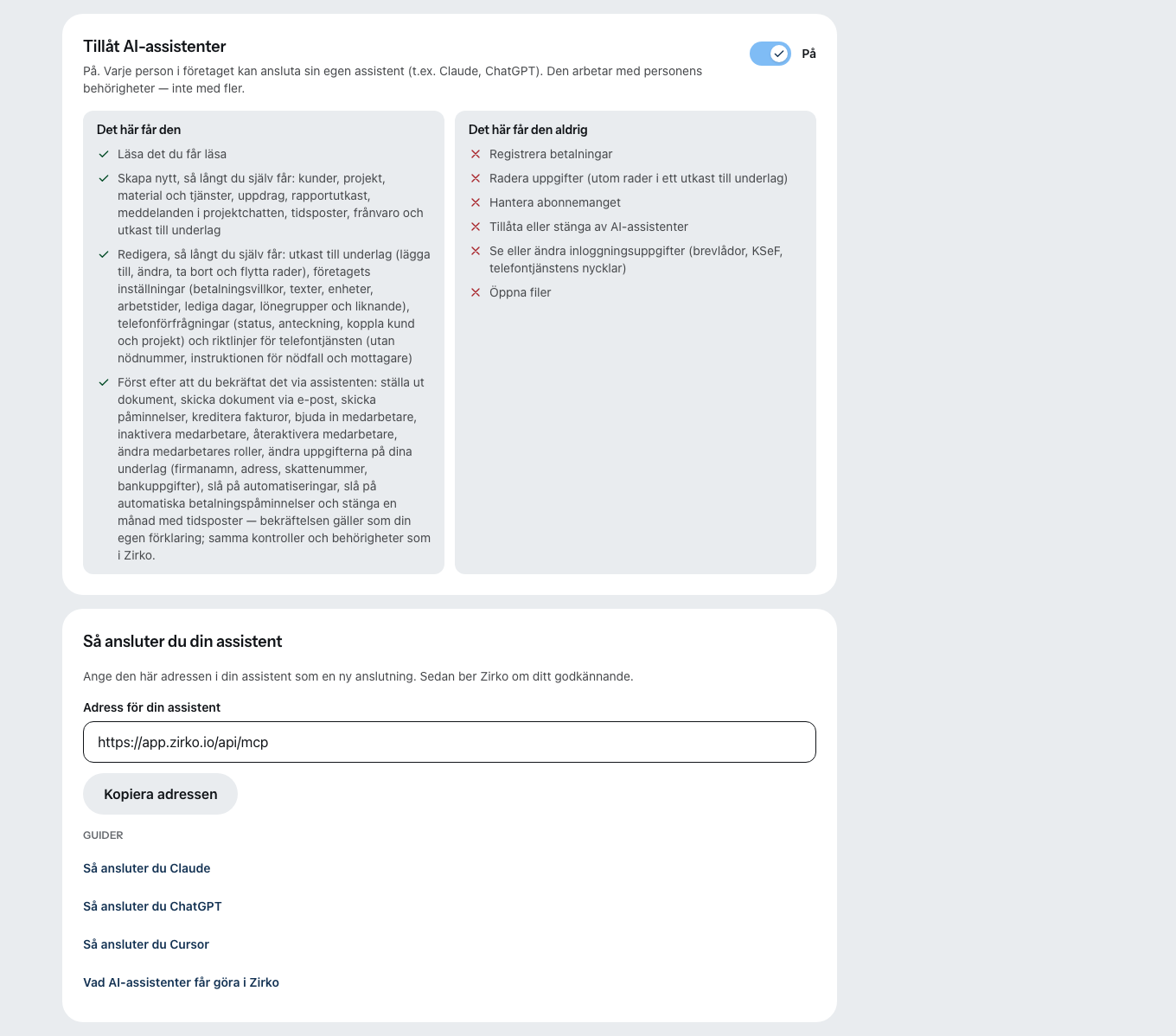 Inställningen ”AI-assistenter”: reglaget ”Tillåt AI-assistenter” är på, under det vad en assistent får göra och vad aldrig, och adressen för din assistent att kopiera.