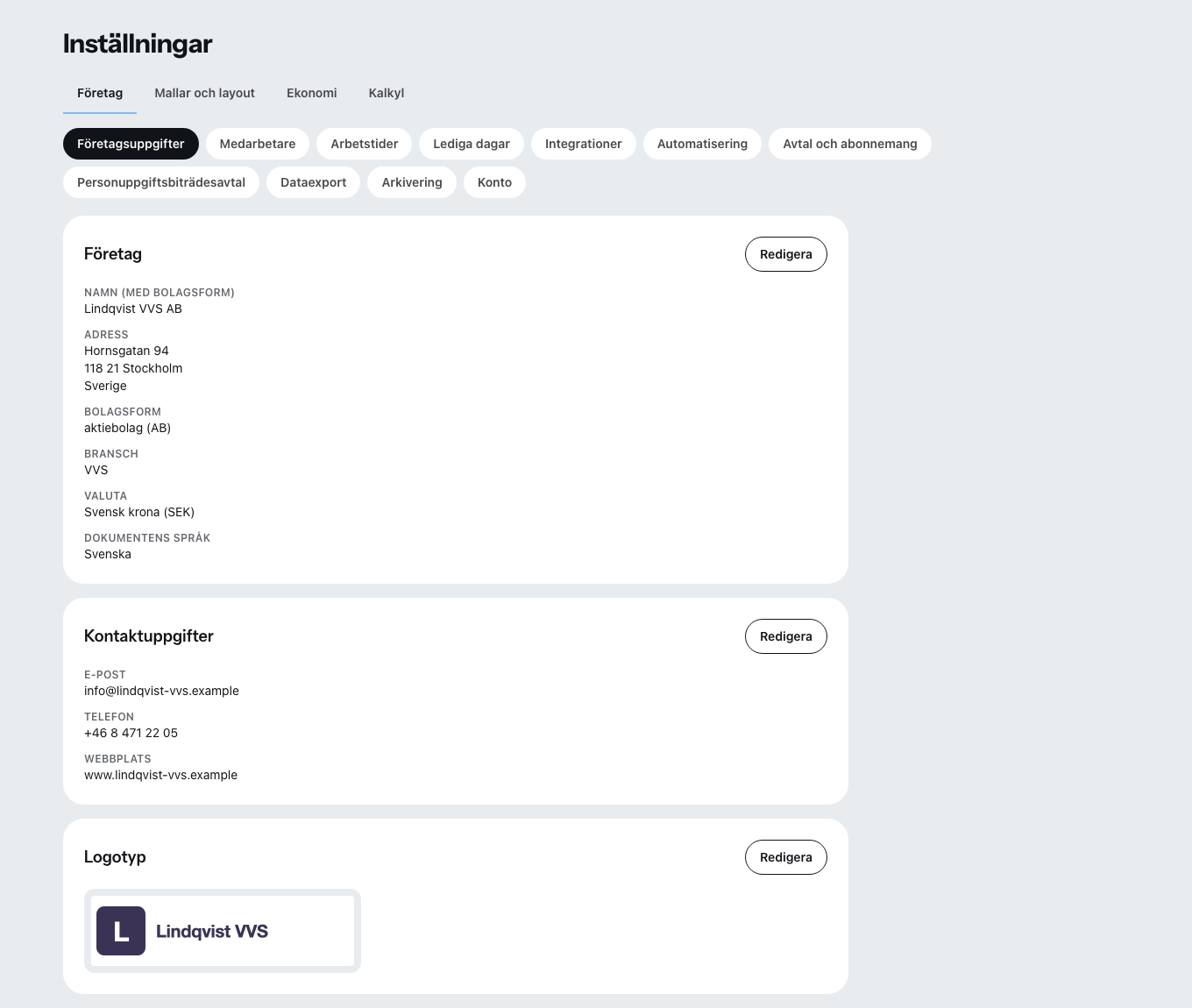 Inställningarna med flikarna företag, mallar och layout, redovisning och kalkyl.