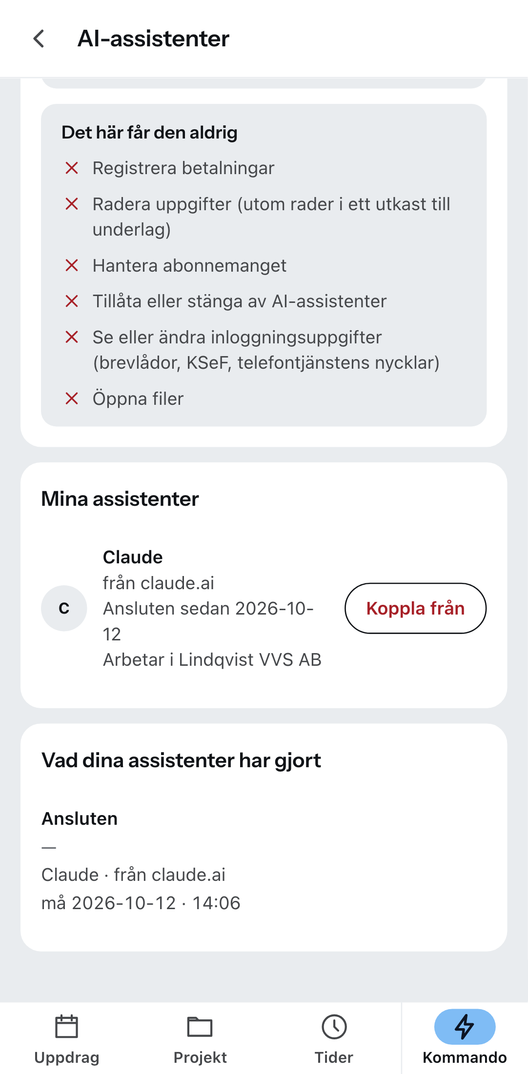 ”AI-assistenter” i Zirko-appen: en ansluten assistent och knappen som kopplar från den.