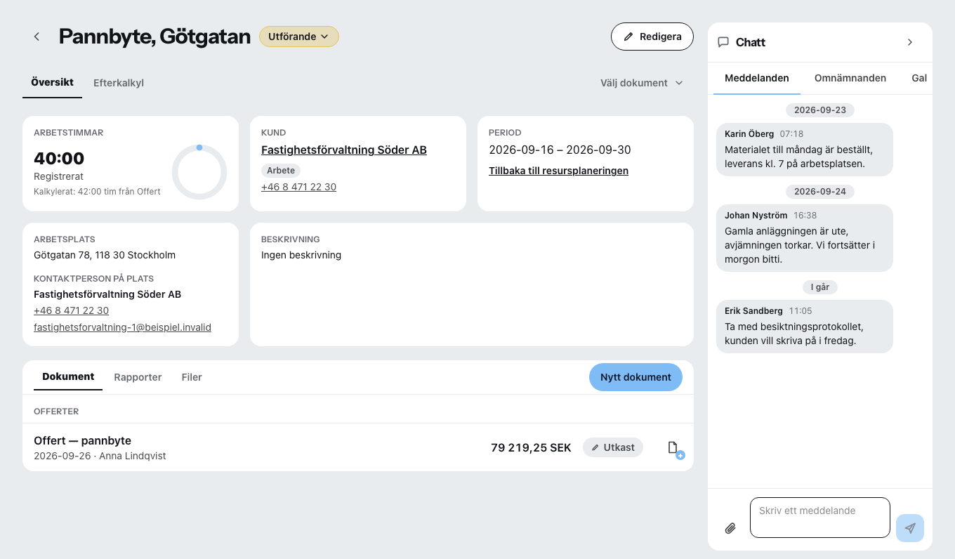 Ett öppnat projekt: överst flikarna översikt och efterkalkyl, till vänster de registrerade timmarna, kunden, perioden och arbetsplatsens adress, under dem flikarna dokument, dagböcker och filer, till höger projektchatten med tre meddelanden.